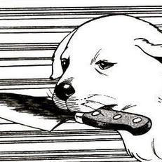 an illustration of a dog from a black&white manga holding a knife in its mouth